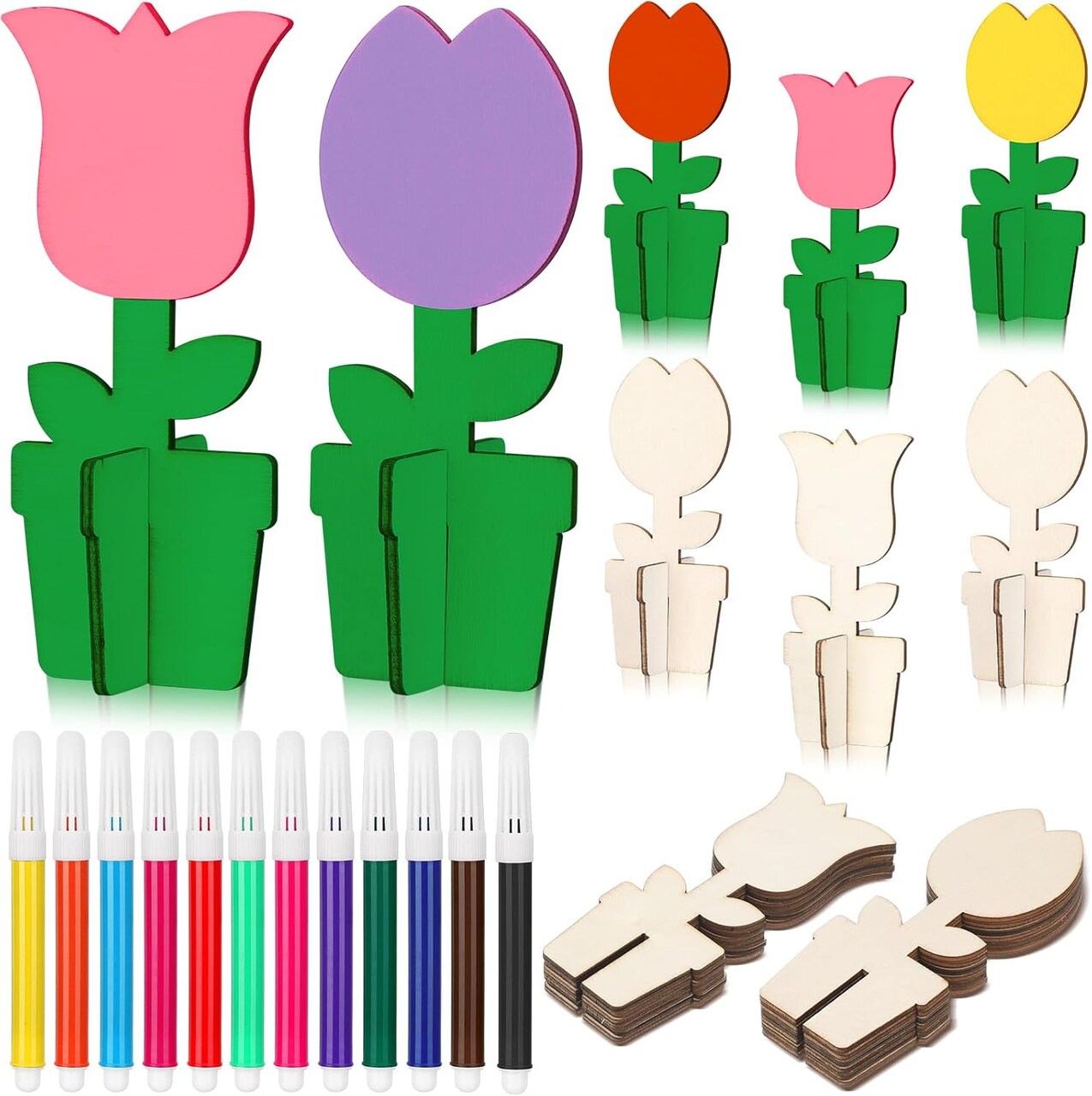 36 Pcs Spring Activity Crafts Set Include 24 3D Wooden Flower Cutouts with 12 Colored Markers Unfinished Tulip Slices Wood Flower to Paint for Mother's Day DIY Spring Tiered Tray Decor Table Centerpiece